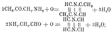 образующиеся соединения по исходным материалам называют также алдинами и кетинами; 2) конденсацией в присутствии аммиака и последующим окислением α-хлор- или бромкетосоединений; очевидно, что этот синтез основан на промежуточном образовании амидокетонов: