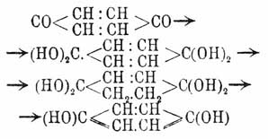 Подобно кетонам, не содержащим ни одной метильной группы при карбониле, р-Х. не соединяются с кислыми сернисто-кислыми щелочами, но в случае о-Х. эта реакция присоединения идет, хотя и получаются совершенно другие продукты, чем в жирном ряду. Известно, что кетон присоединяет кислые сернисто-кислые щелочи, переходя в продукты типа