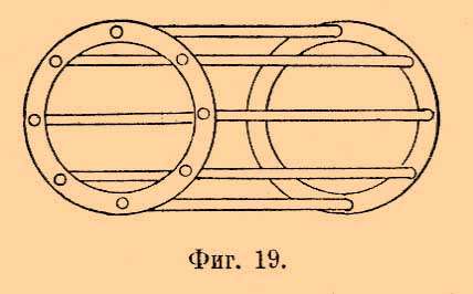 На фиг. 19 изображена такая клетка, вставляемая в железный сердечник. Если обмотки статора устроены наподобие обмоток якоря многополюсных трехфазных динамо-машин, то контуры ротора соединяют также в группы соответственно числу многополюсных обмоток статора.