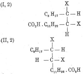 Заметим тут же, что конфигурация (I, 2) допускает более легкое отнятие элементов галоидоводорода, так как в ней оба атома водорода расположены против атомов галоида. Таким свойством как раз отличаются галоидопродукты, происходящие из Э. кислоты, чем и подтверждается данная ей Вислиценусом аксиально-симметрическая конфигурация. Отщепление одной частицы галоидоводорода от (I, 2) и (II, 2) снова приводит к образованно непредельных кислот следующих возможных форм: