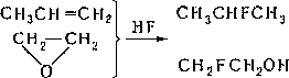 Сопряжённое присоединение фтора и др. атомов или групп к соединениям, содержащим кратные связи, легко происходит в избытке безводного HF, например фторнитрование: