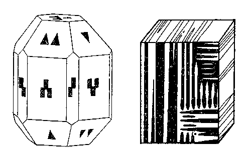 Рис. 3. Слева — полисинтетический двойник сегнетовой соли; справа — полисинтетический двойник триглицинсульфата, выявленный травлением (фотография в отражённом свете).