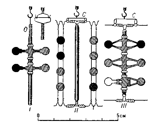 Рис. 1. Различные системы (I, II, III) крылышек в опыте Лебедева; О — платиновая петля, С — кардановый подвес.
