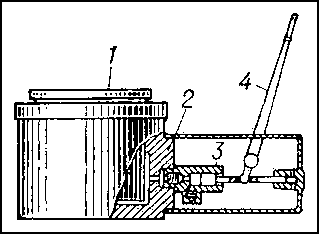 Рис. 3. Гидравлический домкрат периодического действия: 1 — плунжер с подставкой для груза; 2 — стакан; 3 — клапанная коробка; 4 — рукоятка.
