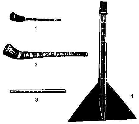Музыкальные инструменты народов СССР: 1 — жалейка; 2 — рожок; 3 — флуер; 4 — балалайка.