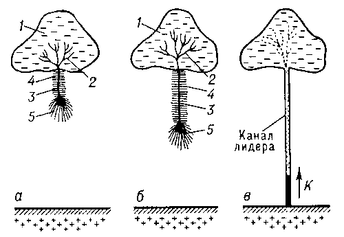 Схема развития наземной молнии: а, б — две ступени лидера; 1 — облако; 2 — стримеры; 3 — канал ступенчатого лидера; 4 — корона канала; 5 — импульсная корона на головке канала; в — образование главного канала молнии (К).