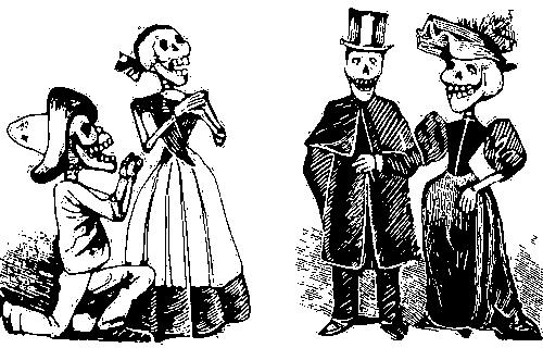 X. Г. Посада. Калаверы (гротескные изображения персонажей в виде скелетов, одетых в современные костюмы) «Крестьянская пара» и «Господская пара». Гравюры на дереве.