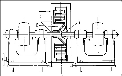 Схема дезинтегратора: 1, 4 — валы; 2, 3 — роторы с пальцами.