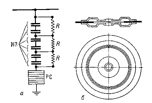 Рис. 2. Вентильный разрядник: а — схема искрового промежутка; б — единичный искровой промежуток.