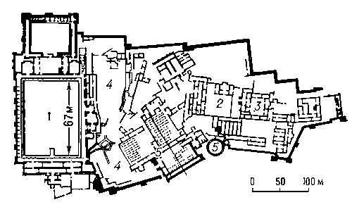 Кала-Бени-Хаммад. Дворцовый комплекс 11 в. План: 1 — Дар-эль-Бахр; 2 — дворец эмира; 3 — гарем; 4 — сады; 5 — цистерны.