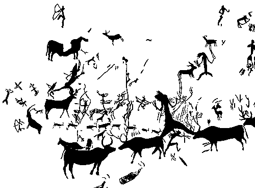 Фрагмент палеолитической росписи в пещере Альпера. Сцена охоты.