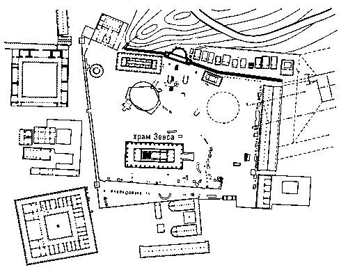 Олимпия. План священного участка Зевса с прилегающей местностью.