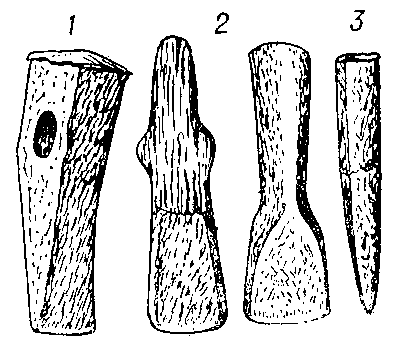 Железные орудия из Воронежских «Частых курганов»: 1 — топор; 2 — стамески, или долота; 3 — остриё.