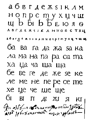Один из пяти оттисков первоначальной гражданской азбуки, разработанной в Москве под руководством словолитца Михаила Ефремова, с его собственноручной надписью (1707).