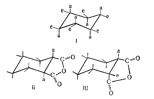 Рис. 5. Кресловидные конформации: циклогексана с аксиальными (а) и экваториальными (е) связями (I), ангидрида транс-циклогексан-1,2-дикарбоновой кислоты (II) и ангидрида цис-циклогексан-1,2-дикарбоновой кислоты (III).