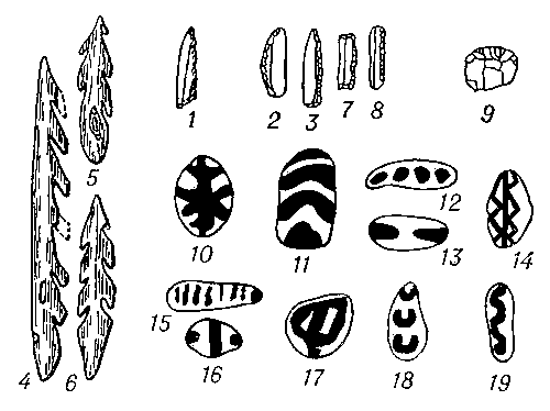 Азильская культура: 1—3, 7—9 — кремнёвые орудия-микролиты; 4—6 — гарпуны из рога благородного оленя; 10—19 — азильские гальки.