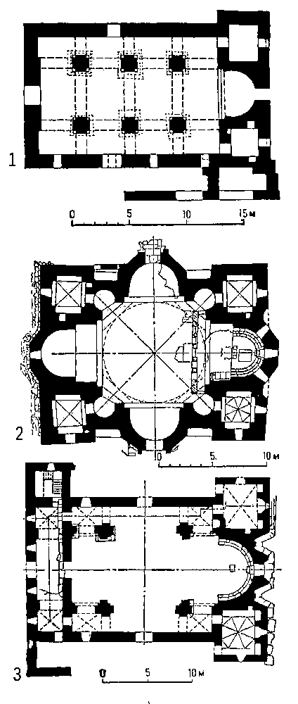 Планы грузинских раннесредневековых храмов: 1 — Анчисхатская базилика в Тбилиси, 6 в. (первоначальный план); 2 — Атенский Сион, 1-я половина 7 в.; 3 — Цроми, 626—634.