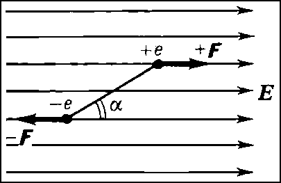 Рис. 3. На диполь в однородном внешнем электрическом поле Е действует пара сил (-F, +F), которая создаёт вращающий момент, стремящийся повернуть диполь в направлении поля.