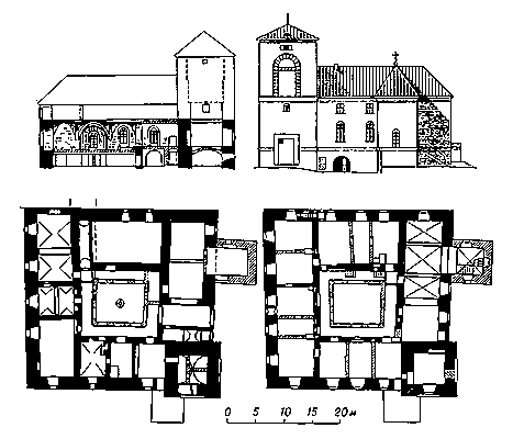 Вентспилс. Конвентский дом. Окончен в 1290. Вверху — разрез восточного корпуса (слева) и восточный фасад (справа). Внизу планы подвала (слева) и первого этажа (справа).