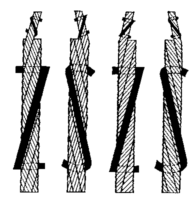 Рис. 3. Металлические канаты различной свивки: SZ — крестовой правой; ZS — крестовой левой; ZZ — односторонней правой; SS — односторонней левой.
