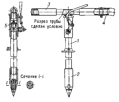 Ручной универсальный гидробур: 1 — вертикальная труба; 2 — гидромониторная головка; 3 — поперечная трубка (рукоятка); 4 — шланг от резервуара; 5 — клапан.