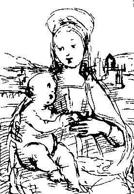 Рафаэль. Набросок для «Мадонны с пейзажем». Перо. Около 1502. Музей Ашмола. Оксфорд.