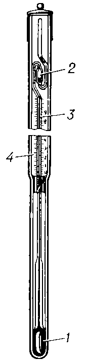 Метастатический термометр: 1 — резервуар; 2 — дополнительная камера; 3 — капилляр; 4 — основная шкала.