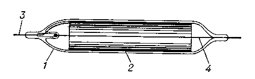 Рис. 1. Схема стеклянного счётчика Гейгера — Мюллера: 1 — герметически запаянная стеклянная трубка; 2 — катод (тонкий слой меди на трубке из нержавеющей стали); 3 — вывод катода; 4 — анод (тонкая натянутая нить).