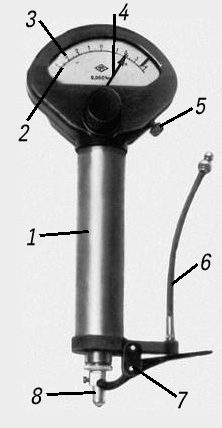 Рис. 2. Микрокатор: 1 — присоединительный цилиндр; 2 — шкала; 3 — указатель поля допуска; 4 — стрелка; 5 — винт смещения шкалы для установки на нуль; 6 — тросик арретирующего устройства; 7 — арретир; 8 — наконечник.