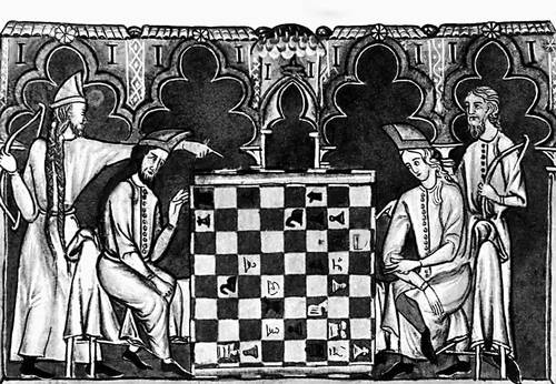 Миниатюра «Книги о шахматах» (1283, библиотека Эскориала).