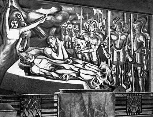 Сикейрос. «Пытка Куаутемока». Фреска, пироксилин. 1951. Дворец изящных искусств. Мехико.