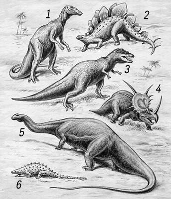 Динозавры: 1 — анатозавр; 2 — стегозавр: 3 — тарбозавр; 4 — стиракозавр: 5 — апатозавр; 6 — талорурус.
