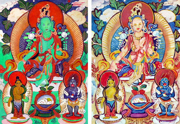 Слева — копия тибетской иконы, выполненная художником с нормальным цветоощущением. Справа — та же репродукция, выполненная художником с цветовой слепотой на зелёный цвет. Рисунки из коллекции профессора Е. Б. Рабкина.