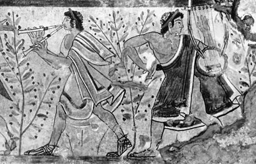 «Музыканты». Около 470 до н.э. Т.н. гробница леопардов в Тарквинии. Ныне — в Национальном музее в Тарквинии.