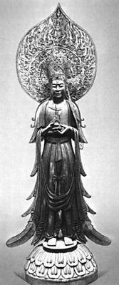 Япония. Изобразительное искусство 6—17 вв. «Богиня Кваннон». Позолоченное дерево. 6—7 вв. Монастырь Хорюдзи. Нара.