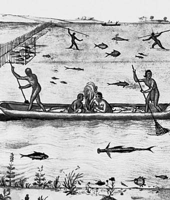 «Индейцы-рыбаки». Акварель английского художника Дж. Уайта. 1586.