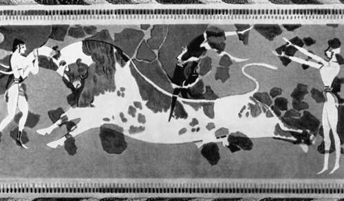«Акробаты с быком». 16 в. до н. э. Кносский дворец. Ныне — в Археологическом музее в Ираклионе (Крит).