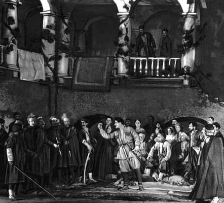 Сцена из спектакля Грузинского театра им. Ш. Руставели «Арсен» С. Шаншиашвили. 1936.