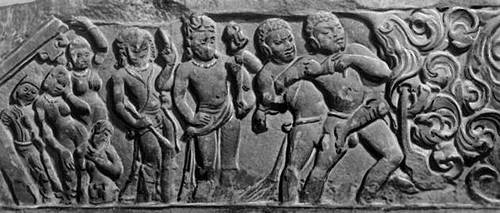 «Махабхарата». Схватка Бхимы и Джарасандхи. Деталь рельефа в Гархвале. 5 в. н. э.