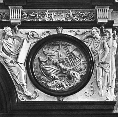 К. Флорис. «Иона и кит». Фрагмент скульптурного декора амвона в соборе в Турне. Мрамор. 1568—75.
