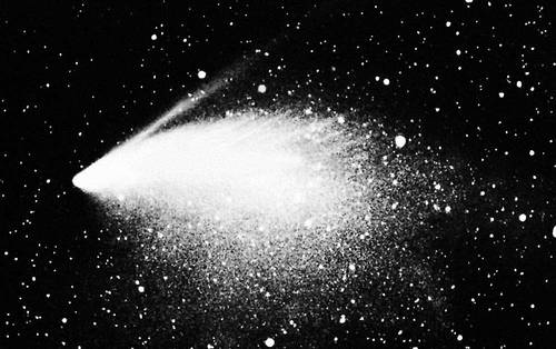 Комета Мркоса 1957 V: широкий изогнутый хвост 2-го типа с поперечными полосами и узкий прямой хвост 1-го типа.