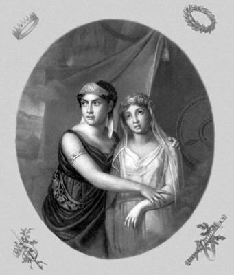 М. Ж. Жорж (слева) в роли Клитемнестры («Ифигения в Авлиде» Ж. Расина). Гравюра Ф. Вендрамини с рисунка Ж. Ф. Дюбуа.