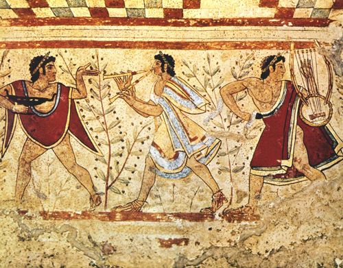 «Танцоры и музыканты». Деталь фрески. Ок. 480—470 до н. э. Гробница «Леопардов» в Тарквиниях.