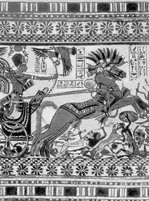 Тутанхамон, побивающий врагов. Деталь росписи на шкатулке. Начало 14 в. до н. э. Египетский музей. Каир.