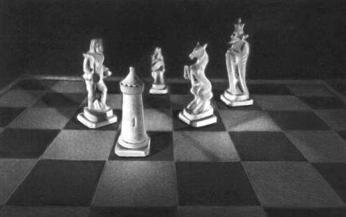 Рис. 7б. Одна из фотографий мнимого голографического изображения шахматных фигур при разных точках съёмки.