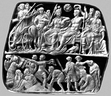Гемма «Увенчание Августа». Оникс, рельефная резьба. Конец 1 в. до н. э. Художественно-исторический музей. Вена.
