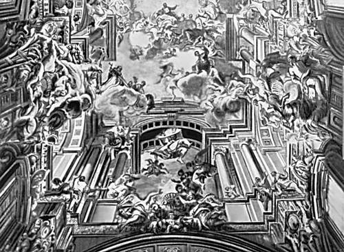 Перспективная живовопись. А. Поццо. «Триумф св. Игнатия Лойолы». Фресковая роспись потолка церкви Сант-Иньяцио в Риме. 1685—99. Фрагмент.