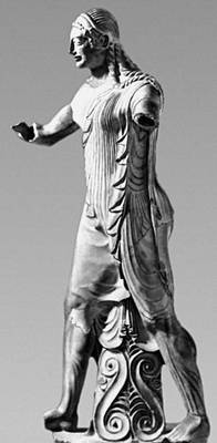 Этруски. Статуя Аполлона из храма Аполлона в Вейях. Ок. 500 до н. э. Музей виллы Джулия, Рим. Терракота.