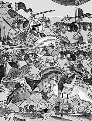 Битва на льду Чудского озера 1242. Миниатюра 16 в. Лаптевский летописный свод.