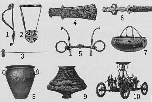 Гальштатская культура: 1, 2 — бронзовые фибулы; 3 — бронзовая игла; 4 — железный топор; 5 — трензель из бронзы и железа; 6 — бронзовый меч; 7 — бронзовый котёл; 8 — бронзовое ведро; 9 — расписной глиняный сосуд; 10 — бронзовая колесница из Штретвега.